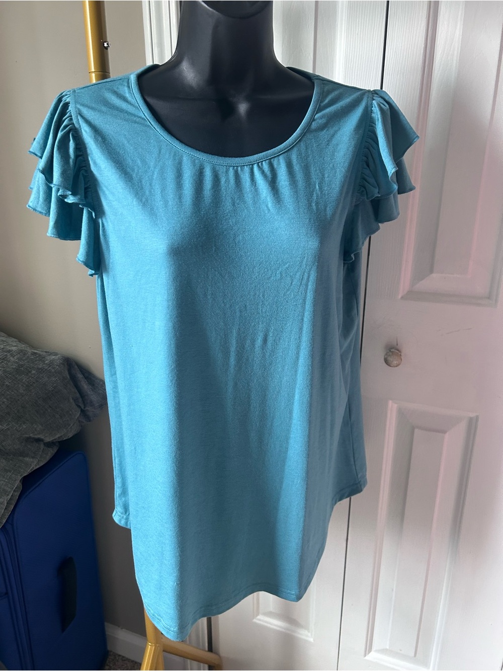 Women's Teal Ruffle Sleeve Scoop Neck Top Latge